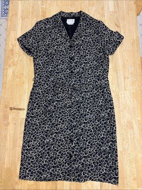 Vintage David Warren Black & Tan Abstract Bubble Print Midi Shirt-Dress w/Belt